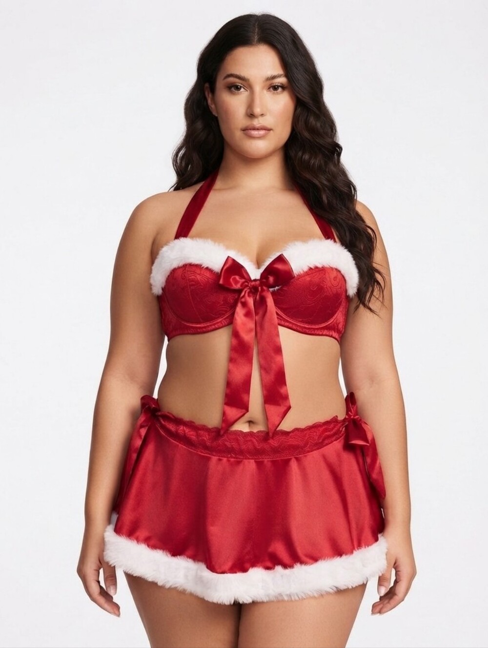 Dolls Kill Red Holiday Bra & Skirt Set with White Faux Fur Trim